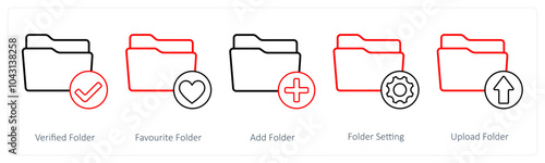 A set of 5 folder icons as verified folder, favorite folder, add folder