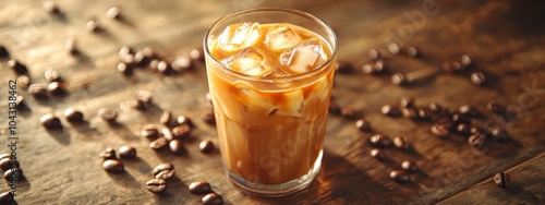 Refreshing iced coffee sitting on table with coffee beans photo