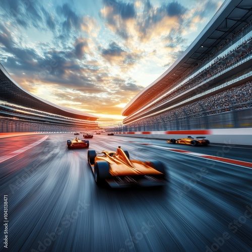 Racing cars speeding around track at sunset, with a crowd cheering them on from the stands. photo