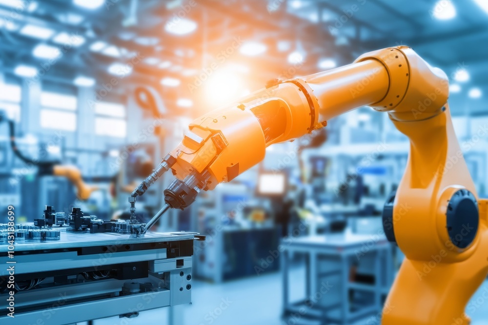 Minimalist stock image of robotic arm assembling components in a bright, clean manufacturing space Minimalist stock image of robotic arm assembling components in a bright, clean manufacturing space