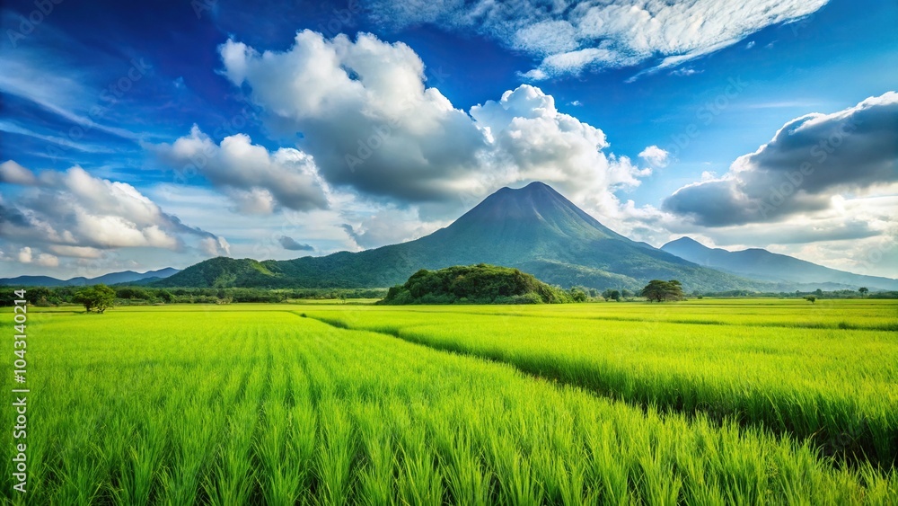 Fototapeta premium green rice field in front of mountain under blue sky with fluffy clouds