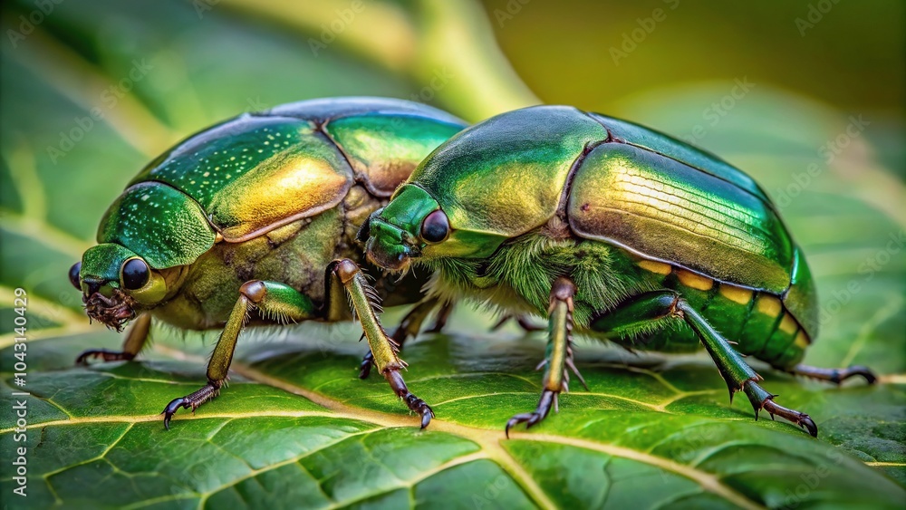 Naklejka premium Green rose chafers mating in asymmetrical position