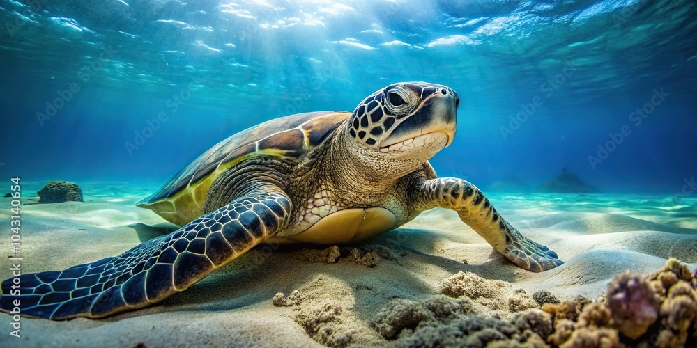 Obraz premium Green sea turtle resting in shallow sandy reef