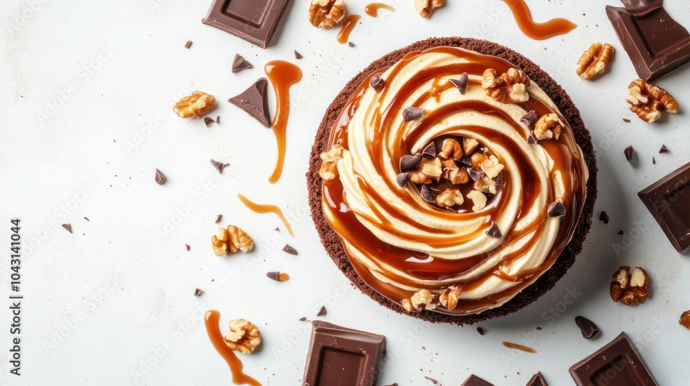 A delicious dessert featuring a chocolate cake topped with caramel, nuts, and chocolate pieces. A delicious dessert featuring a chocolate cake topped with caramel, nuts, and chocolate pieces.