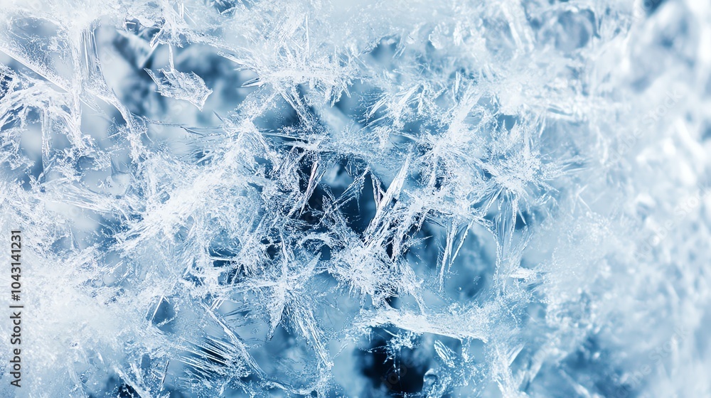 Fototapeta premium Close-up of intricate ice crystals on a blue surface, white isolate background