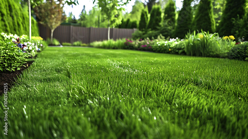 A lush green lawn is the perfect place to relax and enjoy the outdoors. The grass is soft and inviting, and the color is vibrant and refreshing. photo