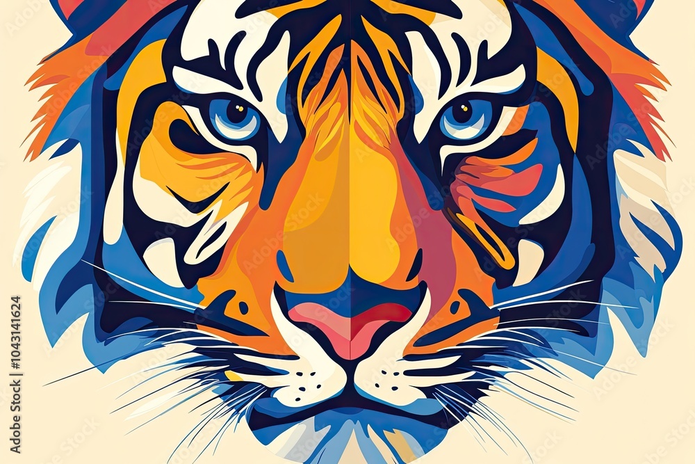 Fototapeta A colorful, abstract tiger face with exaggerated features in a Pop art aesthetic