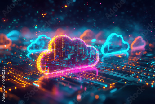 Clouds with a bright pink and blue glow. The clouds are surrounded by a cityscape with buildings and lights. Scene is futuristic and vibrant