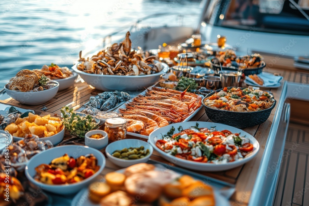 Fototapeta premium A table full of food with a boat in the background