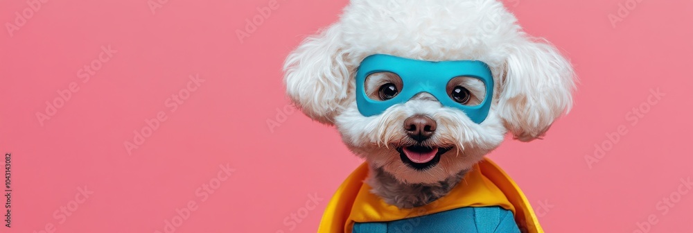 A playful dog dressed as a superhero with a bright background. A playful dog dressed as a superhero with a bright background.
