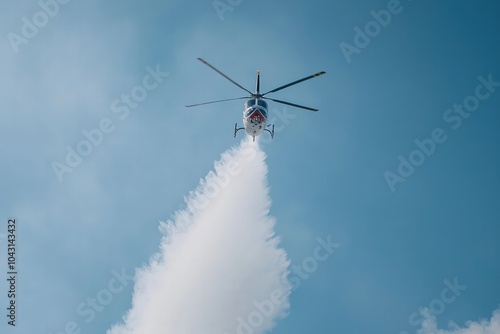 Firefighting Helicopter Dispersing Water to Combat Wildfires from Above photo