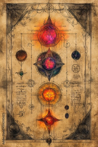 Exploring the mystical symbols and energies of an enigmatic alchemical chart featuring radiant geometric designs and celestial bodies photo