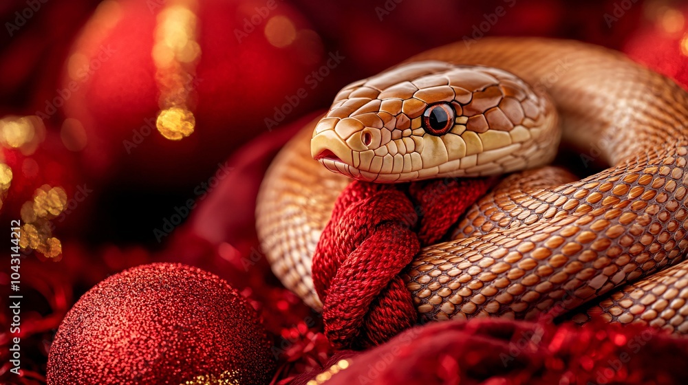 A golden snake intertwined with a traditional red Chinese knot pattern set against a backdrop of holiday lanterns and subtle fireworks Stock Photo with side copy space A golden snake intertwined with a traditional red Chinese knot pattern set against a backdrop of holiday lanterns and subtle fireworks Stock Photo with side copy space