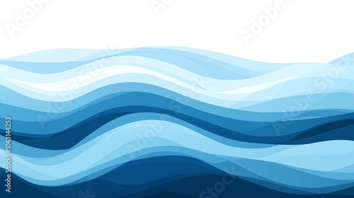 Abstract layered blue waves design, white isolated background.