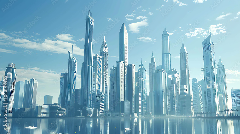 A beautiful cityscape of a modern city with skyscrapers and a river running through it. The sky is blue and there are white clouds. A beautiful cityscape of a modern city with skyscrapers and a river running through it. The sky is blue and there are white clouds.