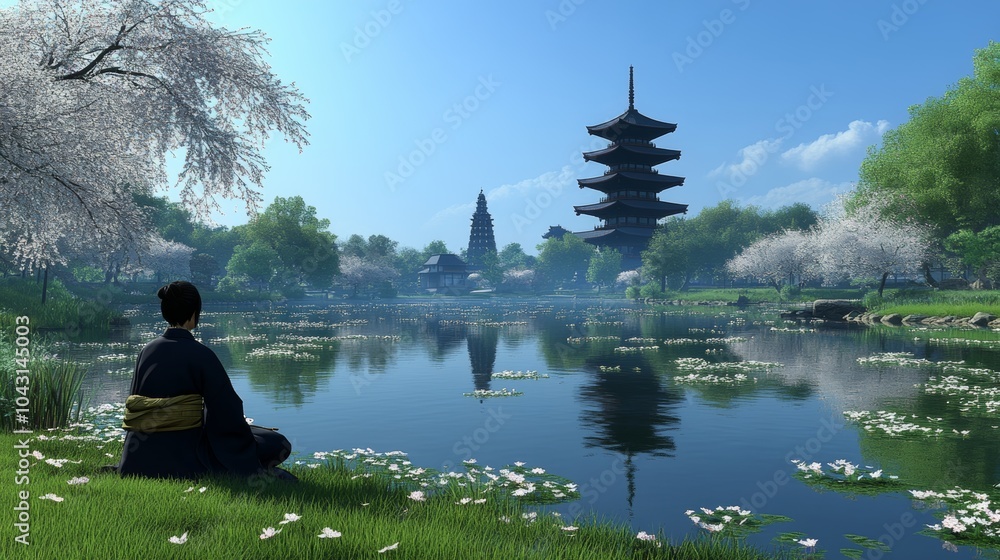 Obraz premium Tranquil Zen Garden with Pagoda and Woman in Kimono