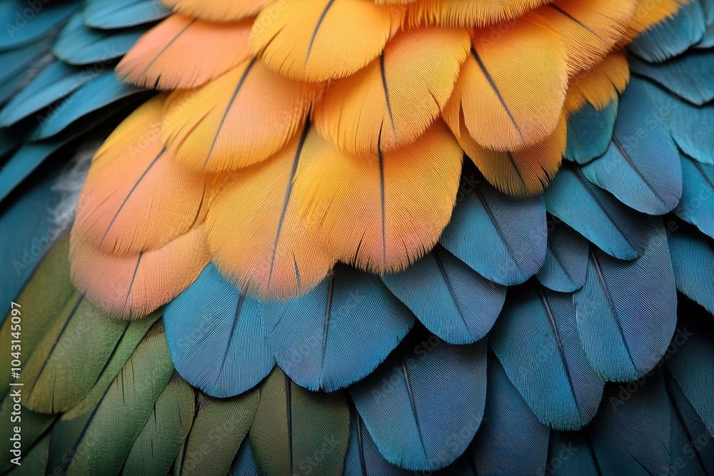 Obraz premium Close up of a bird's feathers, with a vibrant mix of blue, green, and orange.