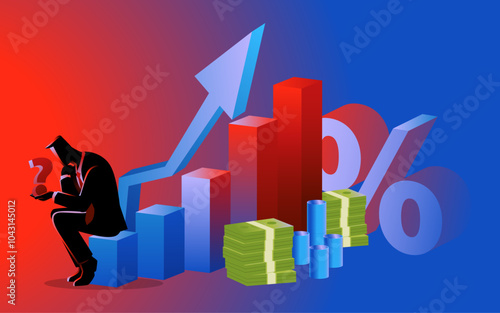 Businessman sitting on a rising graph chart, holding a question mark symbol. Concepts of financial growth, investment decisions, market uncertainty, and economic challenges