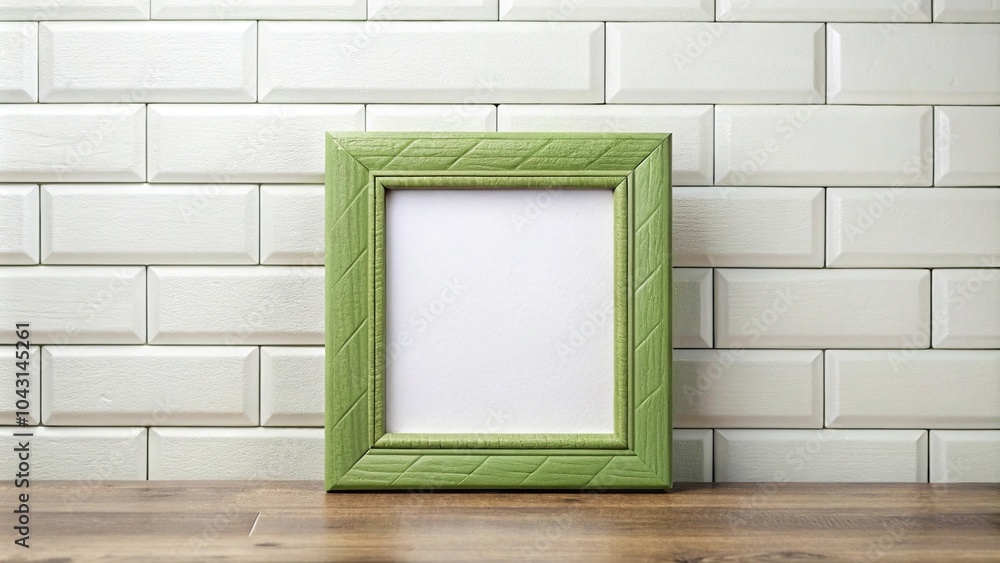 Green wooden frame with white subway tile background Green wooden frame with white subway tile background