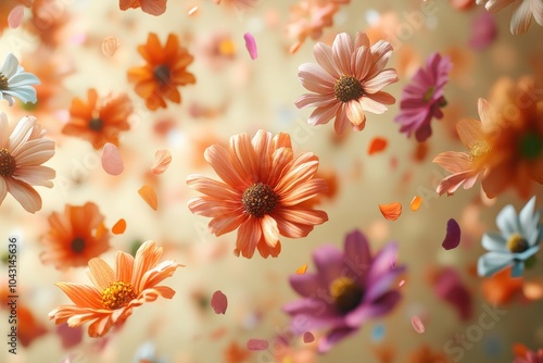 A colorful bouquet of flowers is floating in the air