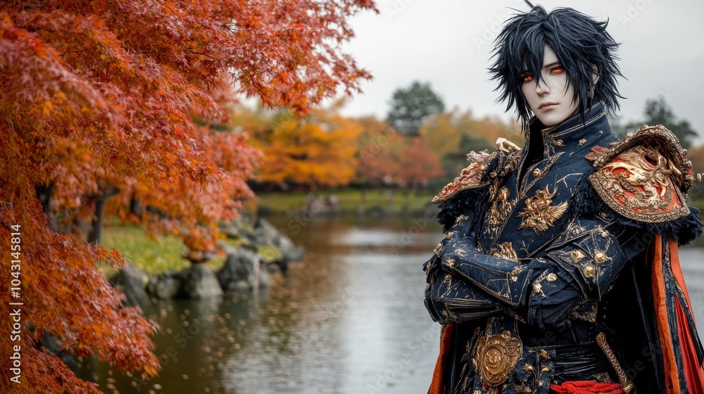 Japanese Autumn Cosplay with Red Leaves and Pond Japanese Autumn Cosplay with Red Leaves and Pond