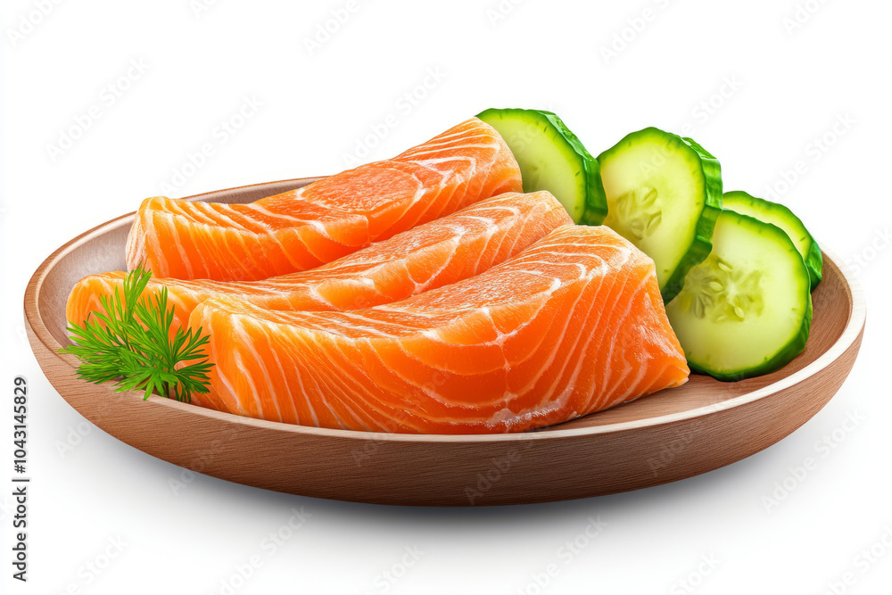 plate with fresh salmon fillets, isolated on a white background plate with fresh salmon fillets, isolated on a white background