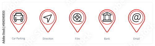 A set of 5 location pointer icons as car parking, direction, film