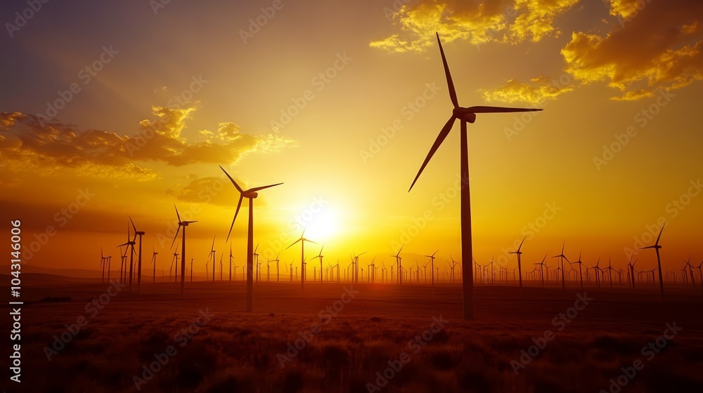 Wind Farm Sunset: Silhouettes of wind turbines stand tall against a vibrant sunset sky, capturing the power and beauty of renewable energy. Wind Farm Sunset: Silhouettes of wind turbines stand tall against a vibrant sunset sky, capturing the power and beauty of renewable energy.
