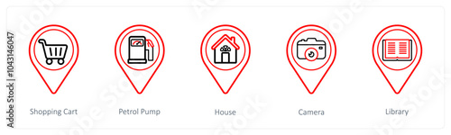 A set of 5 location pointer icons as shopping cart, petrol pump, house