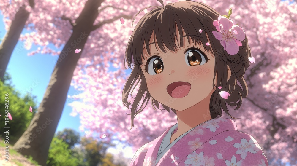 Happy Anime Girl in Kimono Under Cherry Blossom Trees Happy Anime Girl in Kimono Under Cherry Blossom Trees