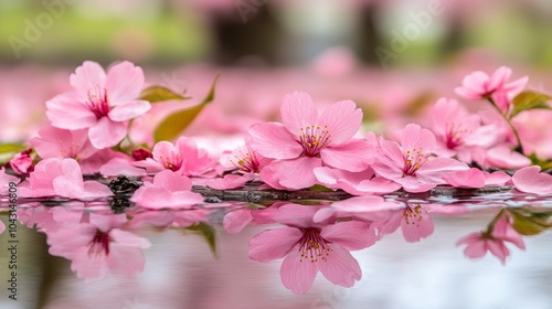 Pink Cherry Blossoms Floating on Water with Reflections