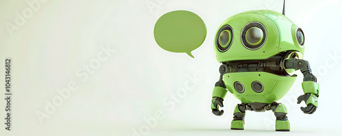 A green robot with large black eyes and a happy expression stands with an empty speech bubble on a white background