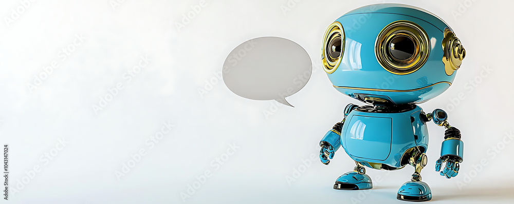 A small blue robot stands with an empty speech bubble above its head. The robot’s futuristic design, along with its big black eyes and glossy blue finish, A small blue robot stands with an empty speech bubble above its head. The robot’s futuristic design, along with its big black eyes and glossy blue finish,