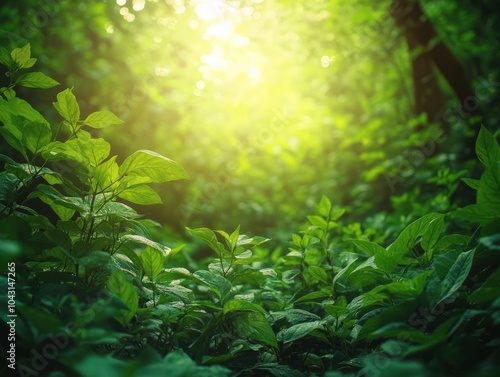 A dense forest filled with vibrant medicinal plants like ashwagandha and holy basil (tulsi), their leaves glowing in the soft forest light, symbolizing the ancient healing traditions rooted in nature photo