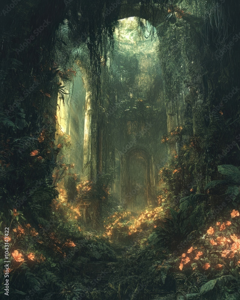 Obraz premium A dense fantasy forest filled with glowing vines and enchanted flowers, where mysterious ruins of an ancient civilization lie hidden beneath the foliage, waiting to be discovered