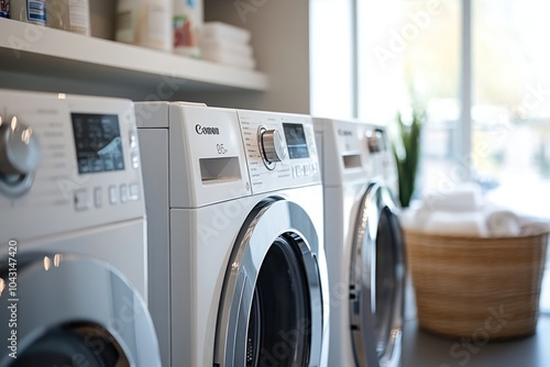 Wallpaper Mural A bright laundry room filled with modern washing machines and a woven basket. The space is clean and organized. Perfect for showcasing home appliances. Generative AI Torontodigital.ca