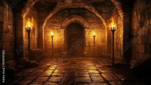 A dark medieval dungeon room lit by flickering fire torches. Stone walls and floor, the cold air heavy with foreboding.