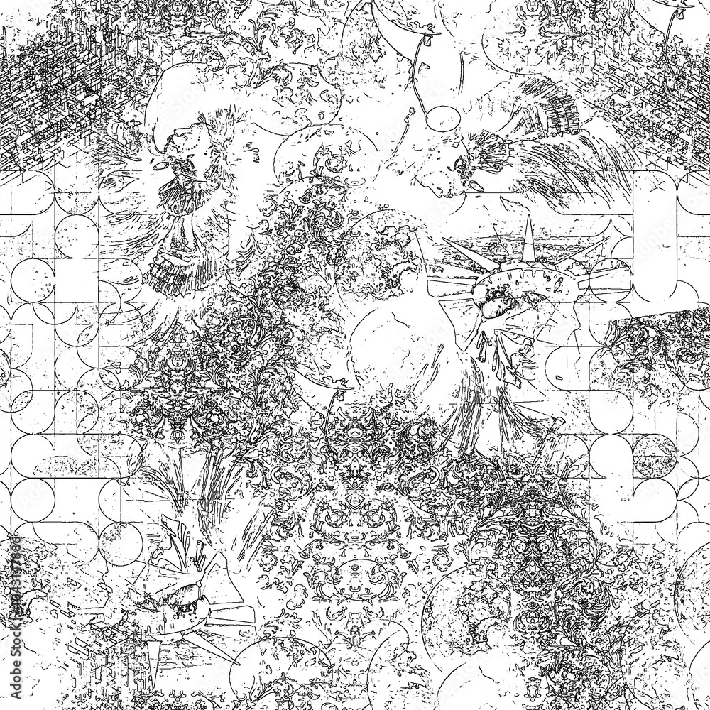 Naklejka premium seamless abstract pattern digital illustration wrapping paper with graphic chaotic oriental hand drown colorful elements watercolor paint snowflakes fabric design print winter style