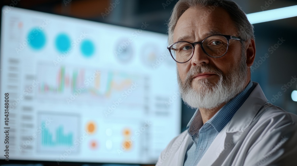 A focused scientist with glasses and a beard stands in front of a screen full of data. His lab coat symbolizes expertise and research in science. Generative AI A focused scientist with glasses and a beard stands in front of a screen full of data. His lab coat symbolizes expertise and research in science. Generative AI
