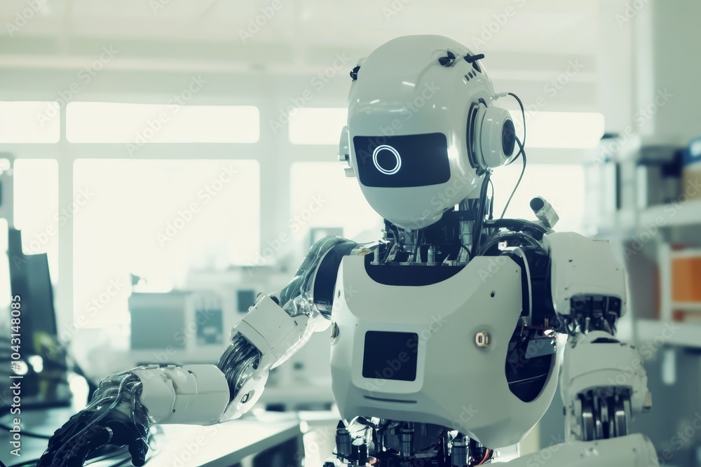 Fototapeta premium Collaboration between engineer and humanoid robot in a modern laboratory setting with advanced tools