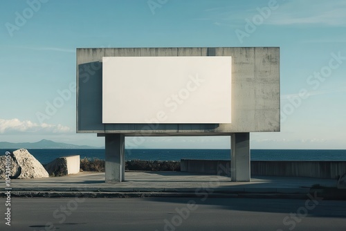 A large blank billboard stands in front of a blue ocean. photo