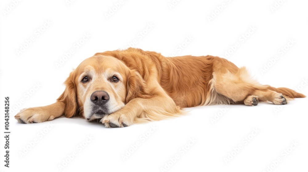 A golden retriever lying down, looking relaxed and attentive. A golden retriever lying down, looking relaxed and attentive.