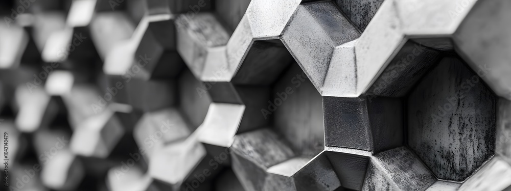 A close-up shot of an intricate wall made from interlocking metal hexagons, showcasing the precision and complexity in its design A close-up shot of an intricate wall made from interlocking metal hexagons, showcasing the precision and complexity in its design