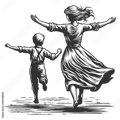 mother holding her son hand as they run together, warmth and family bonding sketch engraving generative ai fictional character vector illustration. Scratch board imitation. Black and white image.