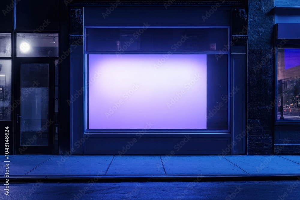 A storefront window with a blank sign glowing purple at night. A storefront window with a blank sign glowing purple at night.