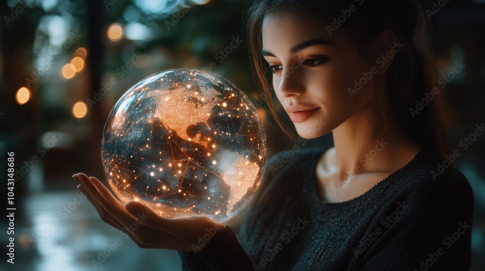 Naklejka premium Woman Holding a Glowing Digital Globe Representing Global Connectivity and Future Technology in a Modern Setting
