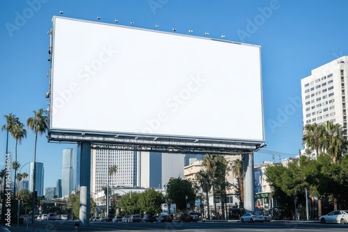 Blank billboard on a city street with palm trees and skyscrapers in the background.