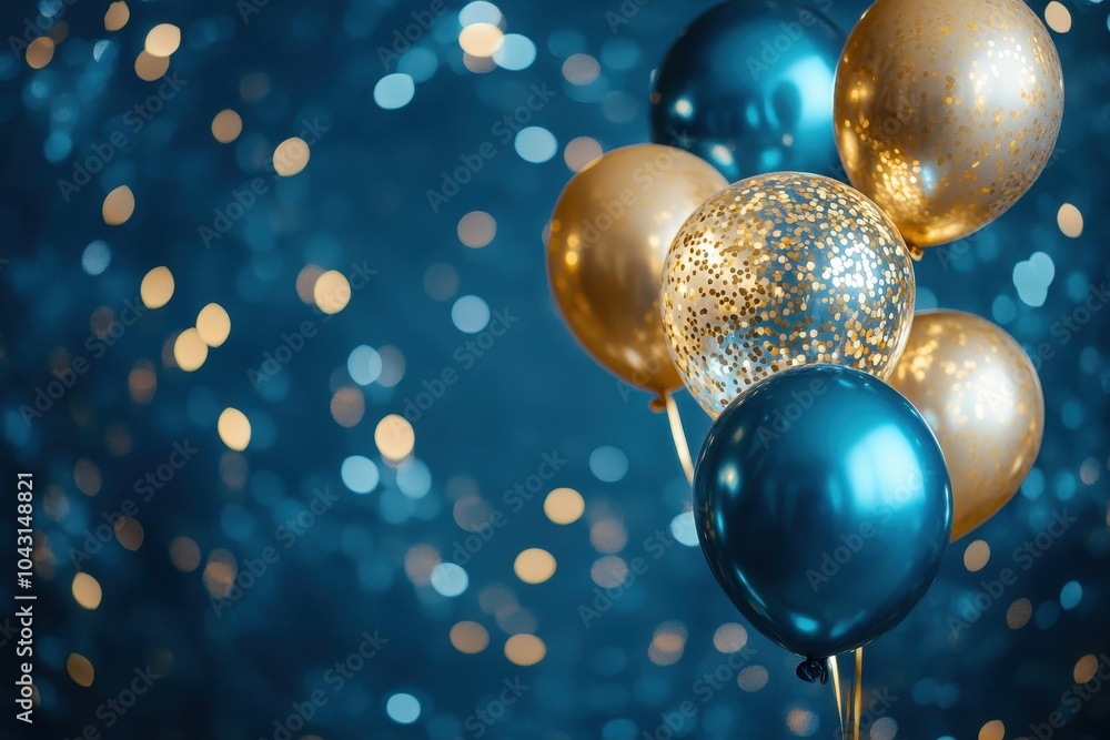 Gold and blue balloons with confetti against a sparkling blue backdrop. Gold and blue balloons with confetti against a sparkling blue backdrop.