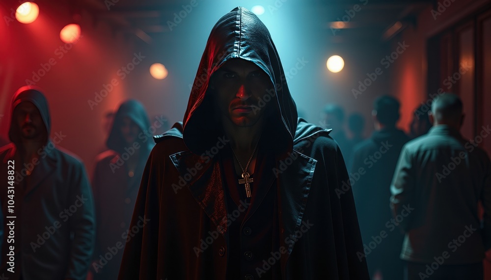 Dark Vampire in a Bloodstained Cloak Emerging from the Shadows in a Dark and Mysterious Nightclub Dark Vampire in a Bloodstained Cloak Emerging from the Shadows in a Dark and Mysterious Nightclub