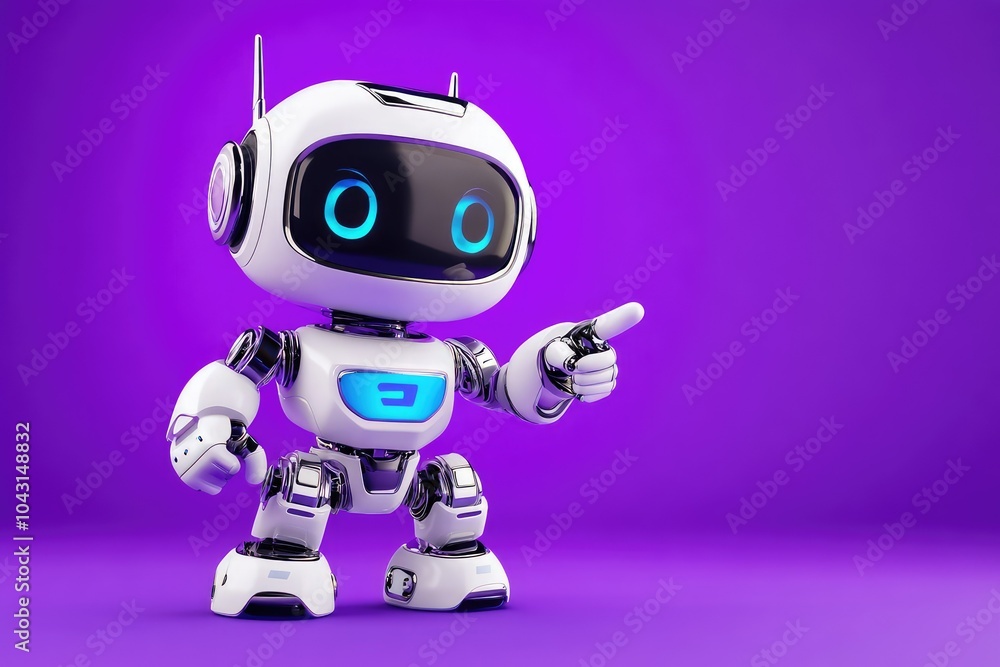Playful robot character in a vibrant purple environment Playful robot character in a vibrant purple environment